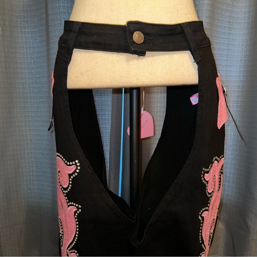 Sugar Thrillz Dolls Kill LONGING HEART Black Pink Denim Jacket Chaps SET L NWT - Picture 8 of 11